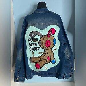 Custom Upcycle Anime distressed jacket, washed look front, Lg. Anime on Back